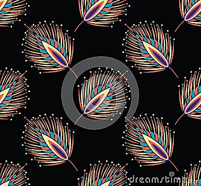 Seamless abstract feather pattern on black background Vector Illustration
