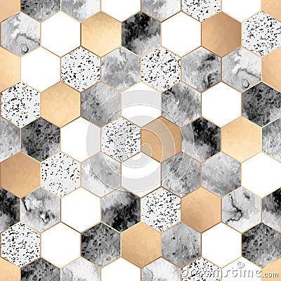 Seamless abstract geometric pattern with gold foil, gray marble and watercolor hexagons Vector Illustration