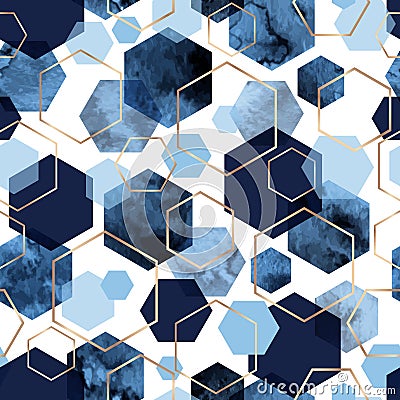 Seamless abstract geometric pattern with gold foil outline and deep blue watercolor hexagons Vector Illustration