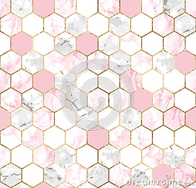 Seamless abstract geometric pattern with gold lines, pink and gray marble hexagons Vector Illustration