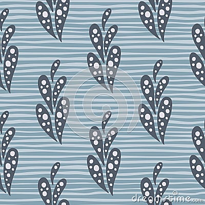 Seamless abstract hand drawn pattern with grey oriantal cucumber paisley print. Blue striped background Cartoon Illustration
