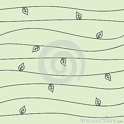 Seamless abstract hand drawn pattern with waves and leaves, light green color, vector Vector Illustration