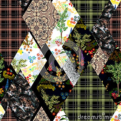 Seamless abstract patchwork plaid patches pattern dark Stock Photo
