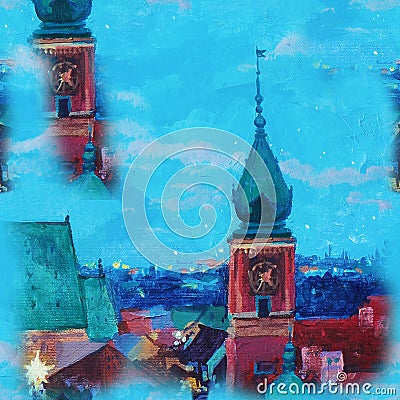 Seamless abstract pattern Beautiful winter urban landscape old csquare and walking people . Europe. Oil painting on Stock Photo