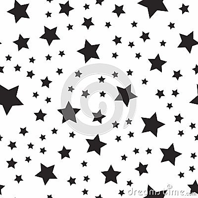 Seamless abstract pattern with black stars of different size on white background. Vector Illustration