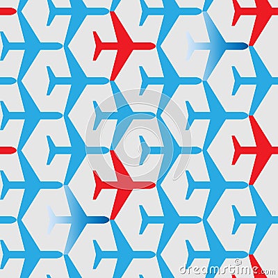 Seamless abstract pattern of blue and red aircraft silhouettes Vector Illustration