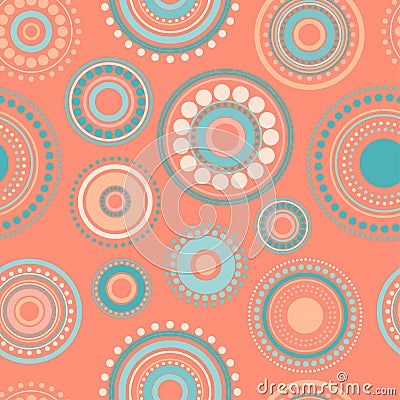 Seamless abstract pattern of circles and dots of orange and turquoise colors. Kaleidoscope background. Cartoon Illustration