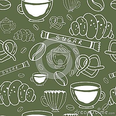 Seamless abstract pattern. Coffee in hand drawn doodle style. Coffee collection on a green background. Stock vector illustration Vector Illustration