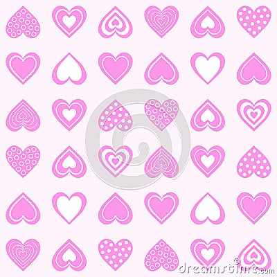 Seamless abstract pattern. Colorful print composed of pink decorative hearts on light rose background. Vector Illustration