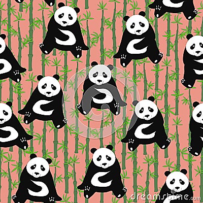 Seamless abstract pattern with hand-drawn cute pandas. background with bamboo Vector Illustration