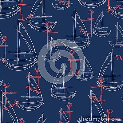 Seamless abstract pattern with sketched red anchor and white sailboat with a navy background. Stock Photo