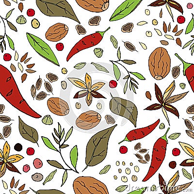 Seamless abstract pattern of spices. Print for fabric and other surfaces. Chilli pepper, black and pink peppercorns, bay leaf, Cartoon Illustration