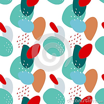 Seamless abstract pattern with spots and dots. Blue, beige, red, turquoise colors. Avan-garde cute cartoon background Vector Illustration