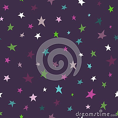 Seamless abstract pattern with stars of different colors. Baby pattern. Violet background. Vector Cartoon Illustration