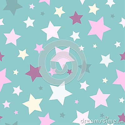 Seamless abstract pattern with stars of different size and color on blue background. Vector Illustration