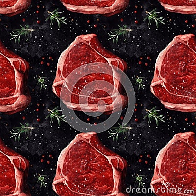 Meat steak pieces with vegetables and peppers on dark background. AI generative illustration Cartoon Illustration