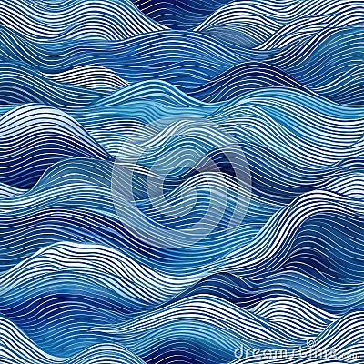 Seamless Abstract playful hand drawn fine line watercolor stripes rolling hills landscape in indigo blue and or nautical Cartoon Illustration