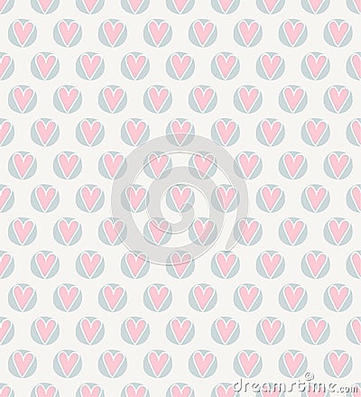 Seamless abstract primitive romantic love pattern.Simple design circles hearts.pastel palette pink. Modern endless print Vector Illustration