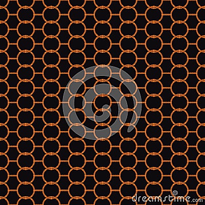 Seamless abstract retro geometric pattern. Linked chain circles and hexagons in shades of orange and black. Vector Illustration
