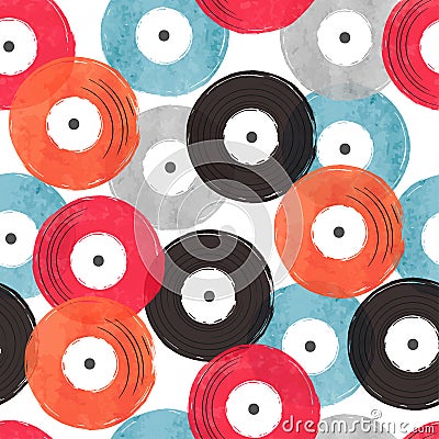 Seamless abstract retro musical pattern with colorful vinyl records Vector Illustration