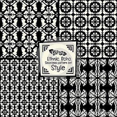 Seamless abstract vector pattern collection ethnic tribal stylein monochrome Vector Illustration