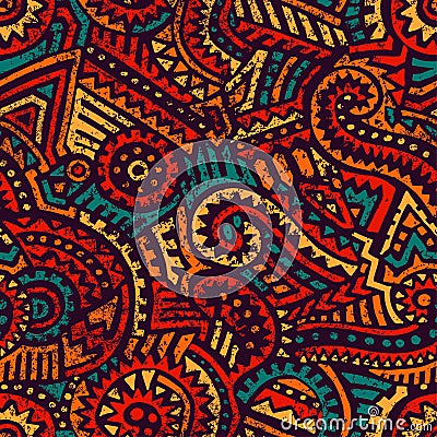 Seamless african pattern. Ethnic and tribal motifs. Orange, red, yellow, blue and black colors. Grunge texture. Vintage print for Vector Illustration