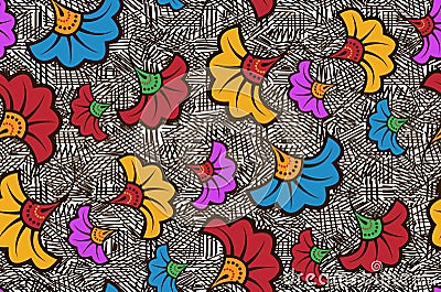 Seamless African Wax Print fabric, Ethnic handmade ornament design, tribal pattern motifs floral elements. Vector texture, afro Vector Illustration