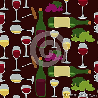 Seamless alcoholic pattern with stained bottles and wine glasses on a dark background. Suitable for printed products on Vector Illustration