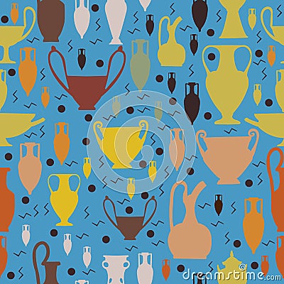 Seamless amphora and ancient pottery pattern Vector Illustration