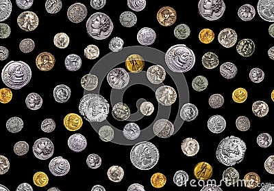 Seamless ancient coins pattern on black background Stock Photo