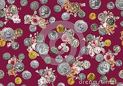 Seamless ancient coins pattern with watercolor flowers on black red background ready for textile print. Stock Photo