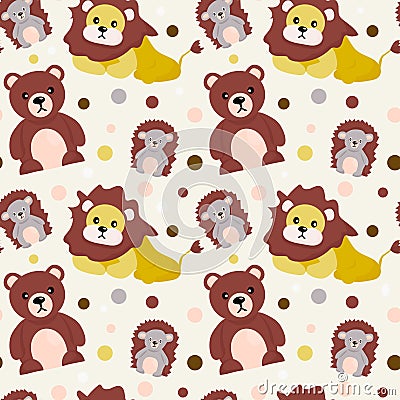 Seamless animal pattern. Cute teddy bear, lion and hedgehog. Forest dwellers. Cartoon vector print for children`s clothes, Vector Illustration