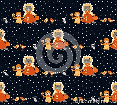 Seamless animal pattern with funny kitten, cat, birds and mouses on polka dot background. Vector Illustration