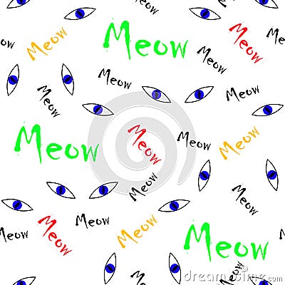 Seamless animal pattern vector blues cat eyes with colorful meow words Vector Illustration