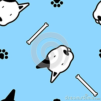 Seamless animal pet bull terrier dog repeat pattern with bone and foot print paw in blue background Vector Illustration