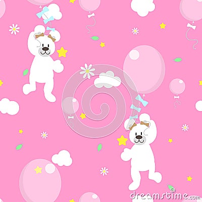 Seamless animal wildlife cute white teddy bear holding balloon,flower and star in the sky repeat pattern in pink background Vector Illustration