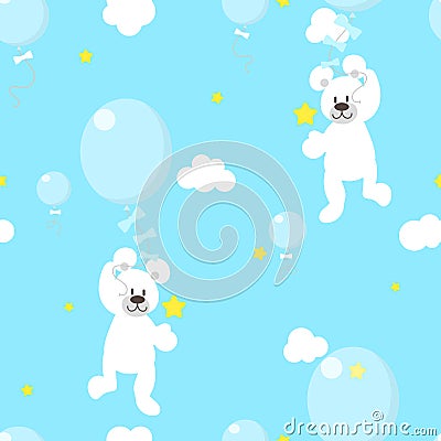 Seamless animal wildlife cute white teddy bear holding balloon and star in the sky with cloud repeat pattern in blue background Vector Illustration