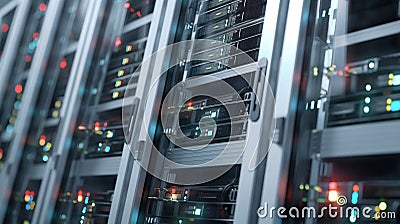 Seamless animation of camera moving through data center with rows of server equipment in a large room. Close-up view of computer Stock Photo