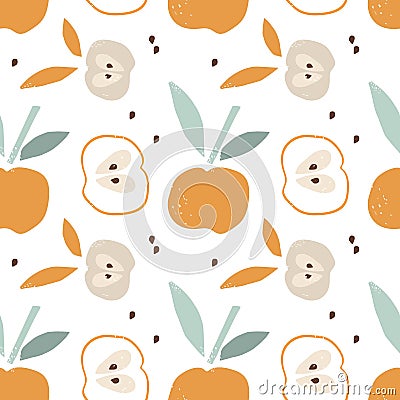 Seamless Apple pattern. Print in Printmaking style. Abstract natural background in pastel colors with raster texture effect. Vector Illustration