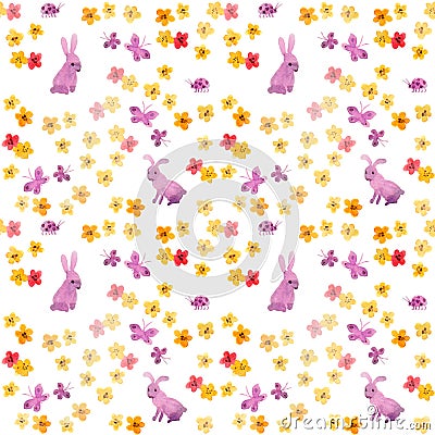 Seamless aquarelle pattern with cute hand painted rabbits, primitive flowers and naive butterflies. Childish watercolour Stock Photo