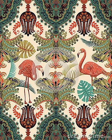 Seamless arabian pattern. Ethnic ornamental wallpaper. Colorful decorative backdrop with ornaments, plants and flamingos Vector Illustration