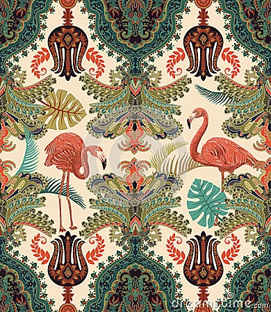 Seamless arabian pattern. Ethnic ornamental wallpaper. Colorful decorative backdrop with ornaments, plants and flamingos Vector Illustration