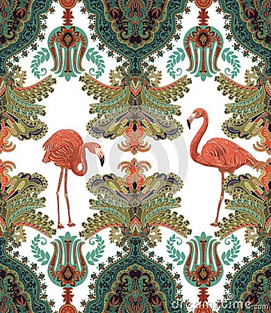 Seamless arabian pattern. Ethnic ornamental wallpaper. Colorful decorative backdrop with ornaments, plants and flamingos Vector Illustration