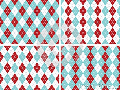 Seamless Argyle Patterns Aqua Blue, Red with Solid Silver Line Vector Illustration