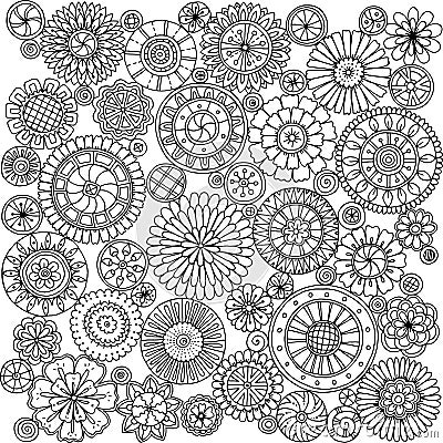 Seamless asian ethnic floral mandala doodle black and white pattern Vector Illustration