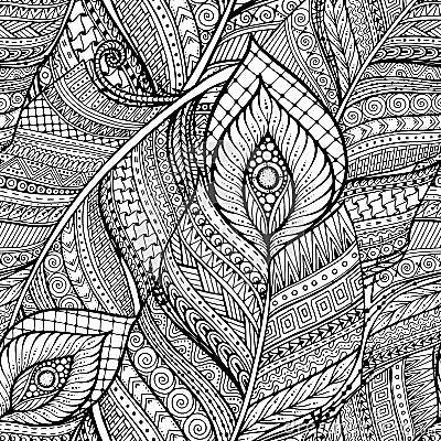 Seamless asian ethnic floral retro doodle black and white background pattern in vector with feathers. Vector Illustration