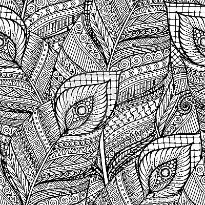 Seamless asian ethnic floral retro doodle black and white background pattern in vector with feathers. Vector Illustration