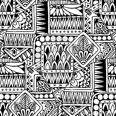 Seamless asian ethnic floral retro doodle black and white background pattern in vector. Vector Illustration