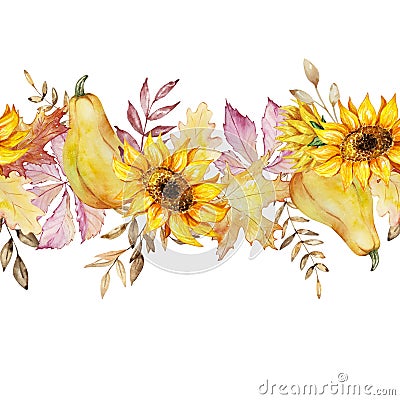 Seamless autumn border with watercolor pumpkins, leaves and sunflowers Vector Illustration