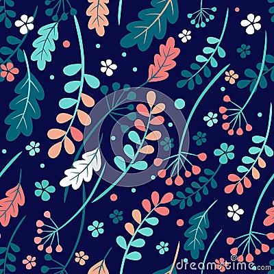 Seamless autumn leaves pattern. Vector rowan, cranberry and viburnum berries, the oak leaves, shepherd `s purse leaf fall color Vector Illustration